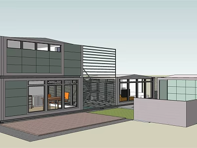 Modern Detached Villa Exterior With Large Glass Windows Gray Green Walls And Courtyard 3d model