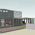 Modern Detached Villa Exterior With Large Glass Windows Gray Green Walls And Courtyard