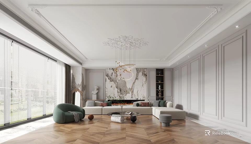 Elegant Living Room Interior With Ornate Ceiling Chandelier Large Artwork Green Armchair And Herringbone Flooring 3d model 