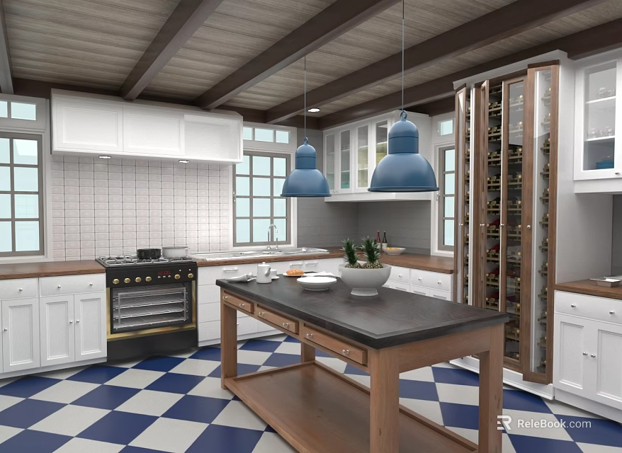 Rustic Modern Kitchen With Wooden Ceiling White Cabinets Blue Pendant Lights Black Countertop Island And Blue White Checkered Floor 3d model 