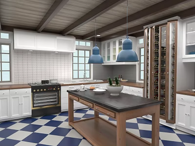 Rustic Modern Kitchen With Wooden Ceiling White Cabinets Blue Pendant Lights Black Countertop Island And Blue White Checkered Floor 3d model