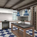 Rustic Modern Kitchen With Wooden Ceiling White Cabinets Blue Pendant Lights Black Countertop Island And Blue White Checkered Floor
