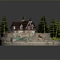 Cute Cartoon Scene With Small House Green Trees Garden Path And Decorations