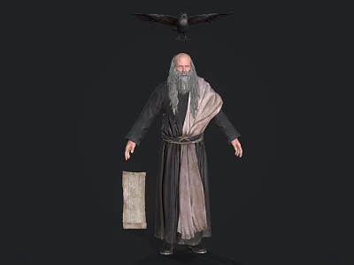 Game Movie Character Wise Long Bearded Man in Robe Holding Scroll with Crow on Head 3d model