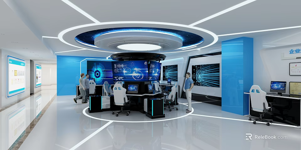 Modern Technical Control Room With Large Screens Workstations Staff And Blue Lighting 3d model