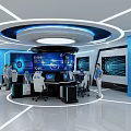 Modern Technical Control Room With Large Screens Workstations Staff And Blue Lighting 3d model