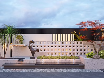 White Open Lattice Background Wall With Palm Trees Red Maple Black Sculpture And Gray Steps 3d model