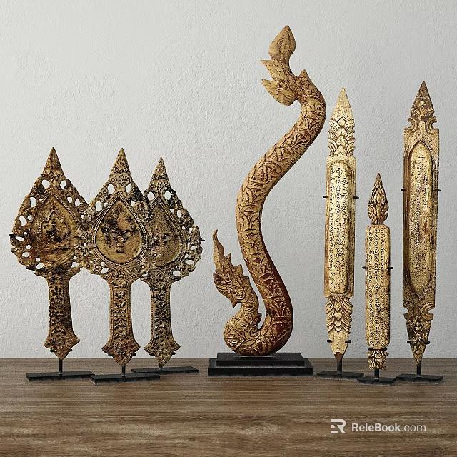 Southeast Asian Style Carved Decorative Ornament Set With Intricate Patterns And Serpentine Design 3d model 