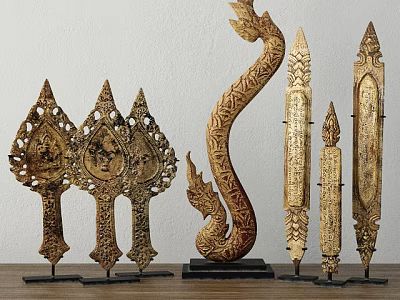Southeast Asian Style Carved Decorative Ornament Set With Intricate Patterns And Serpentine Design 3d model