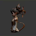 3D Fantasy Game Female Elf Character With Curly Brown Double Ponytails And Golden Bronze Corset