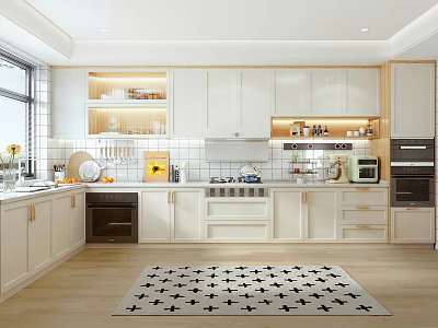 Modern Kitchen Interior With White Cabinets Window Wooden Floor And Black White Patterned Rug 3d model