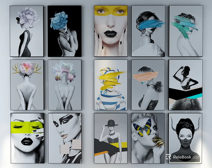 Collection of Stylish Portrait Paintings With Colorful Facial Decorations And Geometric Elements 3d model 