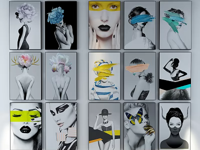 Collection of Stylish Portrait Paintings With Colorful Facial Decorations And Geometric Elements 3d model