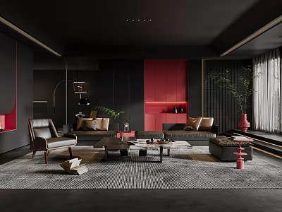 Modern Living Room Interior With Dark Red Accents Leather Sofa Armchair Coffee Table And Rug 3d model