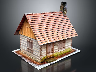 Log Cabin With Red Tile Roof Chimney Wooden Walls Door Windows And Snowy Ground 3d model