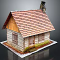 Log Cabin With Red Tile Roof Chimney Wooden Walls Door Windows And Snowy Ground