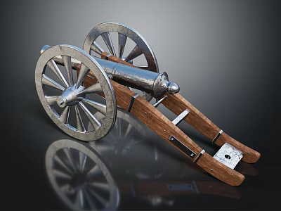 Ancient Cannon Weapon With Metal Barrel Wooden Carriage And Spoked Wheels 3d model