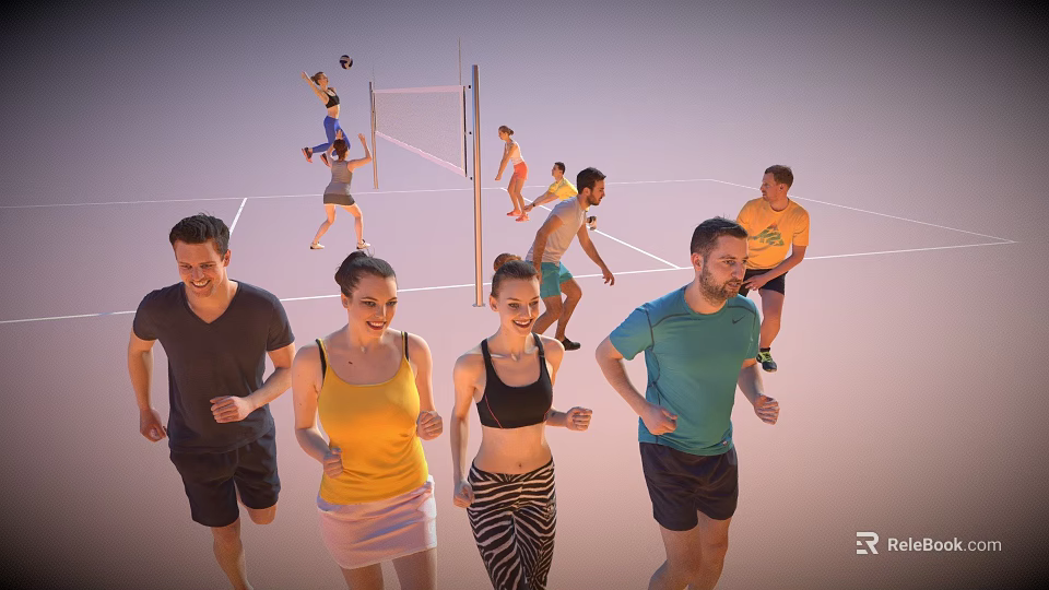 Group of People Active in Running and Volleyball Game Outdoors 3d model