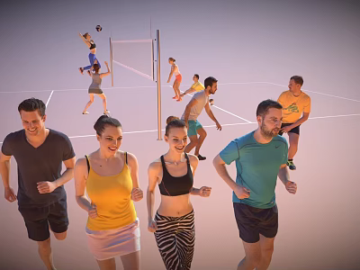 Group of People Active in Running and Volleyball Game Outdoors 3d model
