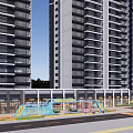 Modern High Rise Residential Buildings With Commercial Base And Urban Road Greenery
