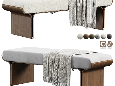 Modern Sofa Bench With Wooden Legs Upholstered Seat Throw Blanket And Color Options 3d model