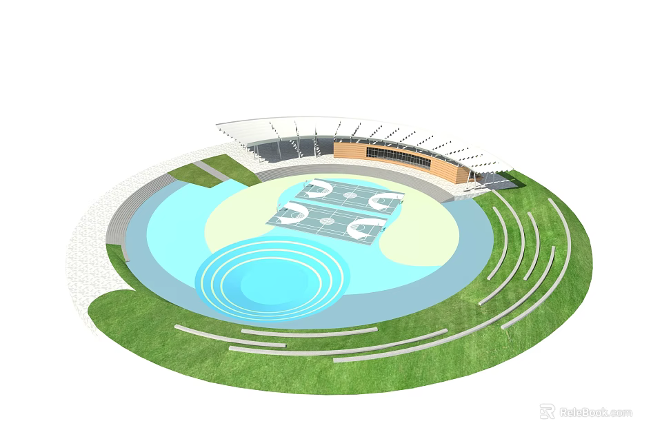 Fun Kids Play Area With Circular Design Blue Soft Surface Green Lawn And White Pathways 3d model 