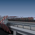 Modern Landscape Bridge With Red And White Hexagonal Pattern Structure Along Road With Metal Railings
