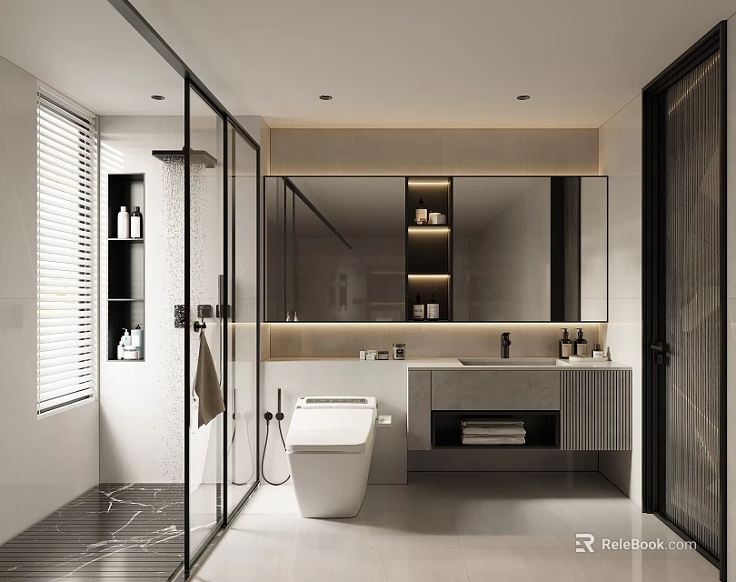Modern Bathroom Interior Design With Glass Shower Large Mirror Vanity And Wall Mounted Toilet 3d model 