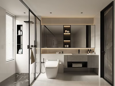 Modern Bathroom Interior Design With Glass Shower Large Mirror Vanity And Wall Mounted Toilet 3d model
