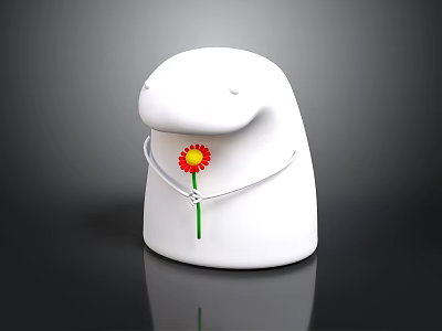 White Ceramic Whale Figurine With Silver Collar Red Yellow Flower And Green Stem 3d model