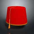 Elegant Red Traditional Hat Featuring Yellow Trim And Hanging Tassel Detail Design