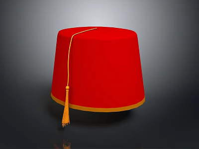 Elegant Red Traditional Hat Featuring Yellow Trim And Hanging Tassel Detail Design 3d model