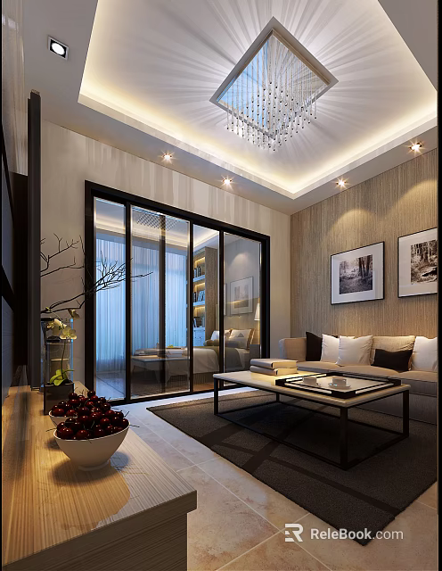 Modern Elegant Living Room Interior With Chandelier Glass Sliding Doors Sofa And Wall Paintings 3d model 