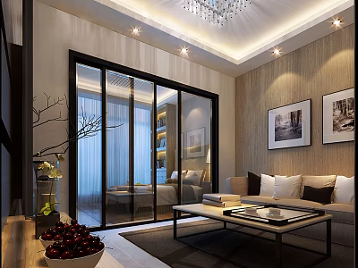 Modern Elegant Living Room Interior With Chandelier Glass Sliding Doors Sofa And Wall Paintings 3d model