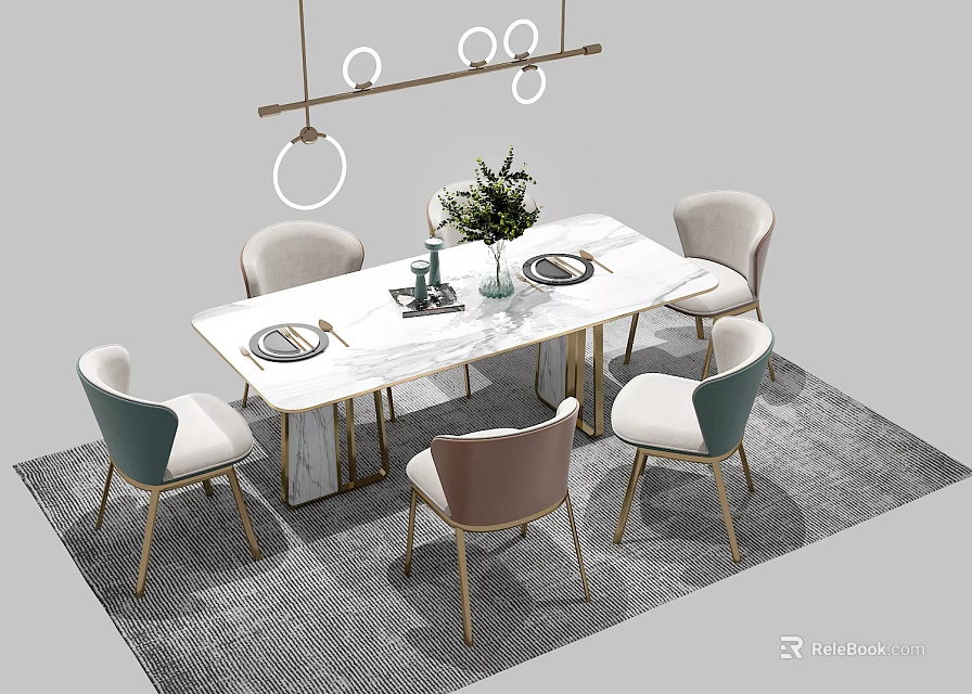 Modern Dining Table and Chairs Set With Marble Top Gold Legs Colorful Seats Pendant Light 3d model 