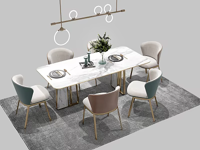 Modern Dining Table and Chairs Set With Marble Top Gold Legs Colorful Seats Pendant Light 3d model