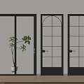 Black Double Doors With Glass Panels And Green Plant In Interior Scene