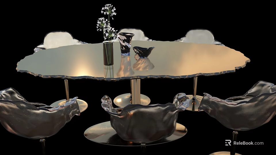 Modern Metallic Dining Table Set with Reflective Top and Comfortable Chairs and Vase with Flowers 3d model 