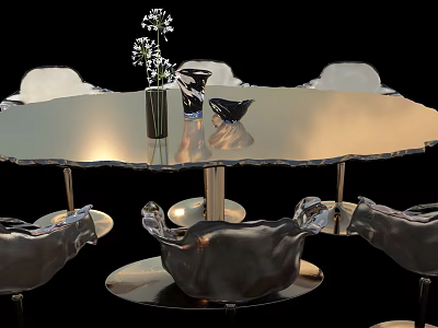 Modern Metallic Dining Table Set with Reflective Top and Comfortable Chairs and Vase with Flowers 3d model