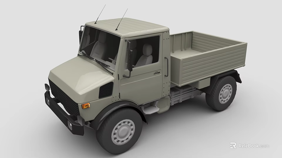 Light Gray Utility Truck With Open Cargo Bed Cab Seats Roof Antennas And Large Tires 3d model 