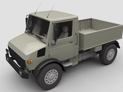 Light Gray Utility Truck With Open Cargo Bed Cab Seats Roof Antennas And Large Tires 3d model