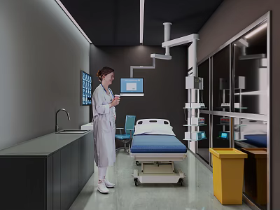 Contemporary Medical Treatment Room With Medical Staff Hospital Bed Pendant And Monitor 3d model