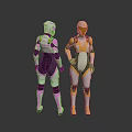 Two Female Characters in Sleek Pink Black and Yellow White Futuristic Costumes Back View