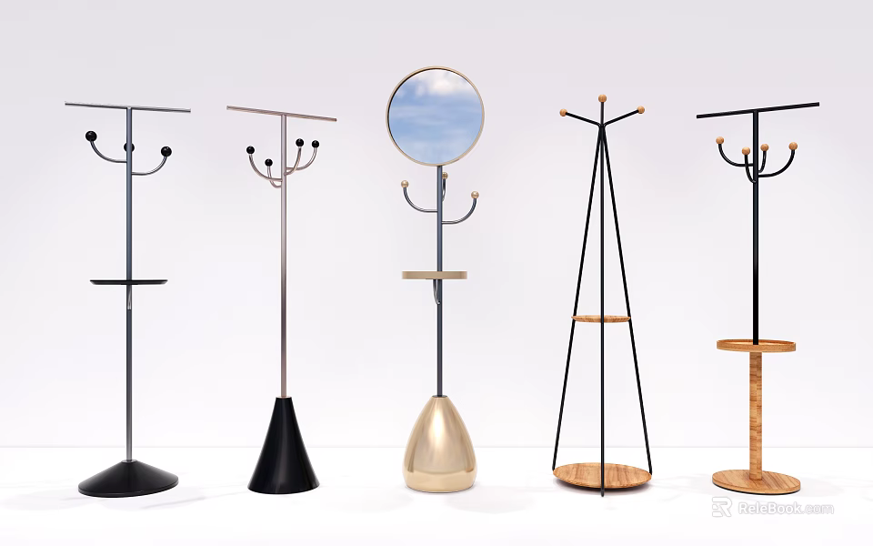 Modern Coat Hangers With Varied Metal Hooks Wooden Bases And Designs 3d model 