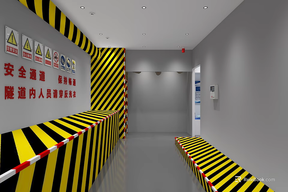 Cultural Center Safety Corridor With Yellow Black Warning Stripes And Safety Signs 3d model 