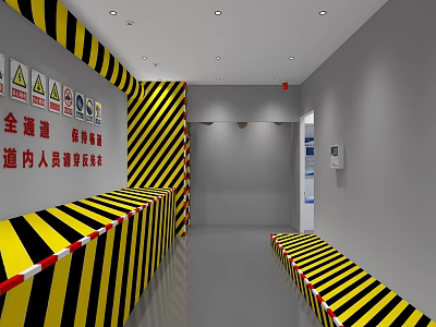 Cultural Center Safety Corridor With Yellow Black Warning Stripes And Safety Signs 3d model