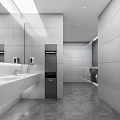 Spacious Modern Public Restroom Interior With White Sinks Mirrors Black Hand Dryer Stalls