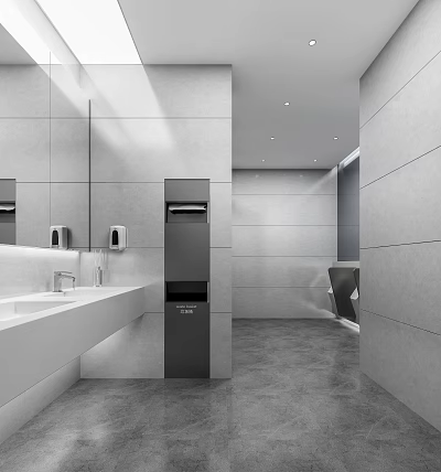 Spacious Modern Public Restroom Interior With White Sinks Mirrors Black Hand Dryer Stalls 3d model
