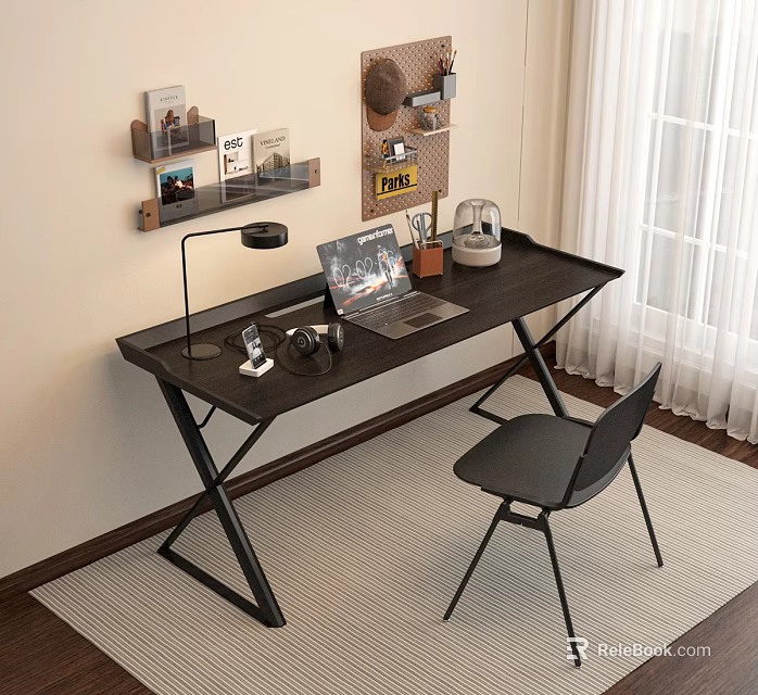 Modern Home Office Desk Setup With Laptop Desk Lamp Wall Shelves And Black Chair 3d model 