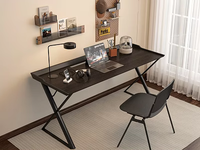 Modern Home Office Desk Setup With Laptop Desk Lamp Wall Shelves And Black Chair 3d model
